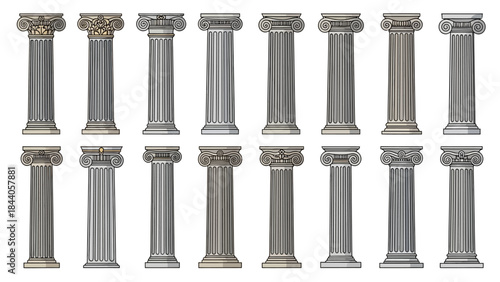 Collection of classic Greek columns with various capital designs