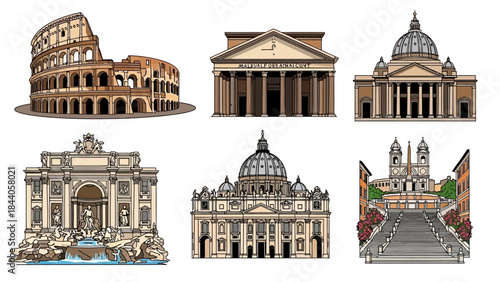 Collection of famous Roman landmarks in elegant line art