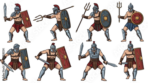 Set of ancient Greek warriors in various combat poses