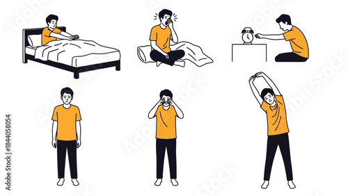 Man waking up and stretching in morning routine illustration