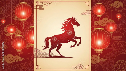Chinese zodiac horse illustration traditional red lanterns and clouds symbolizing good fortune and prosperity for Lunar New Year celebrations