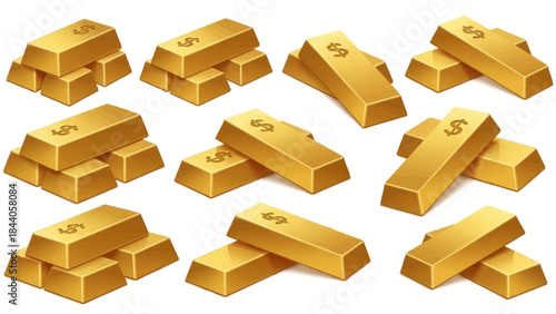 Stacks of gold bars with dollar signs on white background