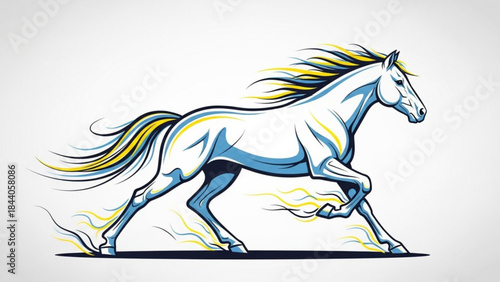 Dynamic white horse illustration galloping with flowing mane and tail representing speed and freedom isolated on white background