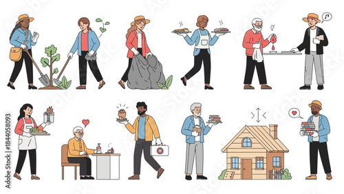 A diverse group of people engaging in various community service activities