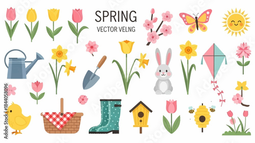 A colorful spring illustration with flowers, animals, and gardening tools