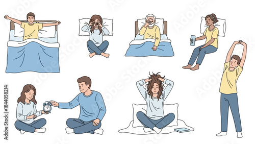 People waking up and starting their day in various morning routines