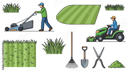 Lawn care professionals at work with equipment and tools