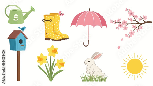 Vibrant springtime scene with gardening tools and cute animals