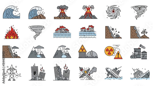 Disaster icons set including natural and man-made catastrophes