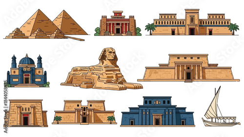 Ancient Egyptian landmarks and symbols in colorful illustrations