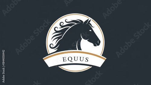 Elegant horse head logo with EQUUS text classic emblem design for equestrian brands isolated on dark background