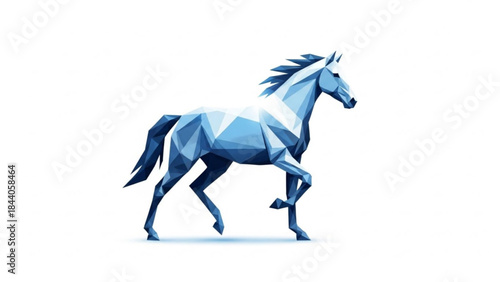 Geometric blue horse illustration low poly design with sharp edges representing power and elegance isolated on white background