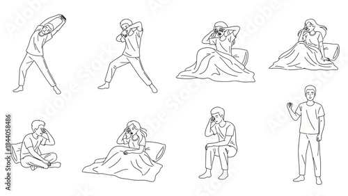 People stretching and yawning in various positions