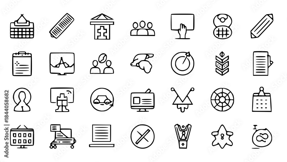 Fototapeta premium Business and Management Line Icons Set. Vector Collection of Office, Planning, Teamwork, and Strategy Symbols.