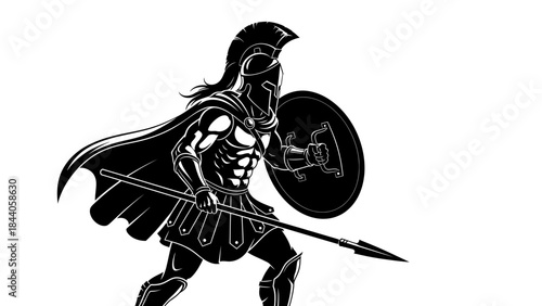 Ancient Greek warrior in armor with spear and shield ready for battle