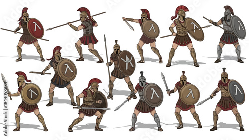 Spartan warriors in various battle poses with shields and swords