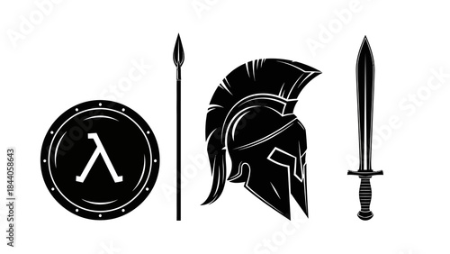 Ancient Spartan warrior helmet with shield spear and sword