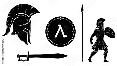 Ancient Greek warrior armor and weapons in black silhouette