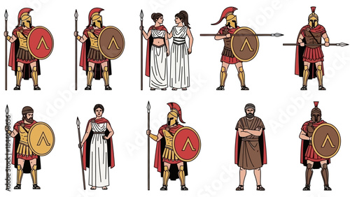 Ancient Greek warriors and civilians in traditional attire standing heroically