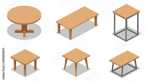 Set of modern wooden tables with various designs and metal frames