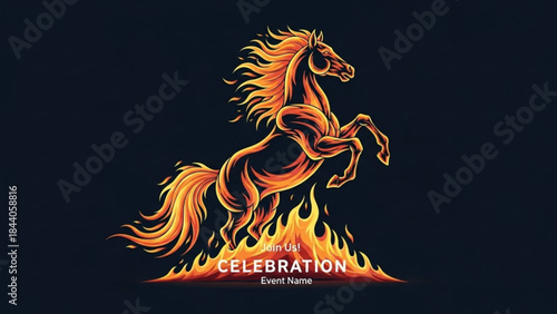 Fiery horse rearing up from flames symbolizing power and celebration perfect for event branding and dynamic logos