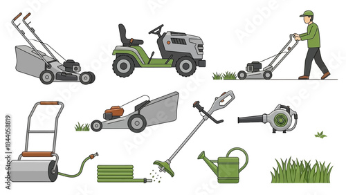 Lawn care equipment collection including mowers and gardening tools