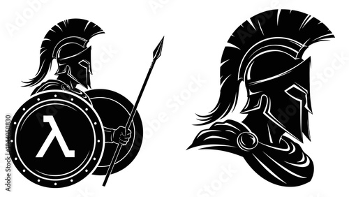 Warrior with shield and spear wearing ancient Greek helmet