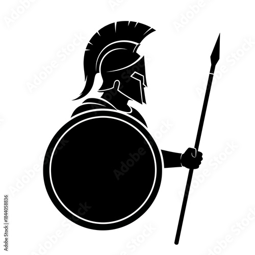 Ancient Greek warrior in full battle gear with shield and spear