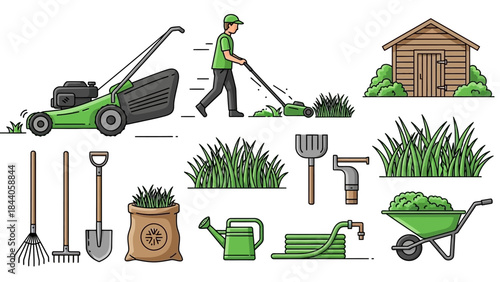 Manicured lawn care tools and equipment for gardening and landscaping