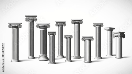 Set of ancient Greek and Roman columns in various sizes and styles