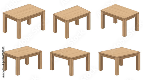 Set of six wooden tables in different angles and positions