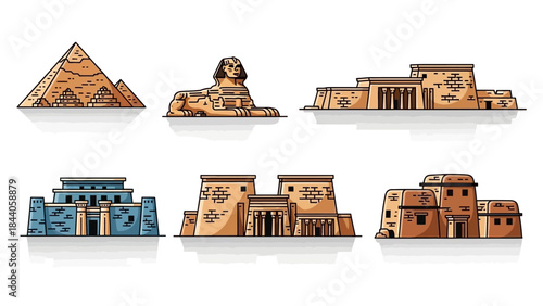 An illustration of ancient Egyptian landmarks and monuments