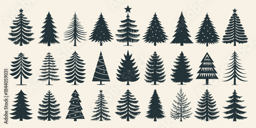 Bundled vector pack of Christmas tree silhouettes with clean shapes, festive details, and a classic holiday style.