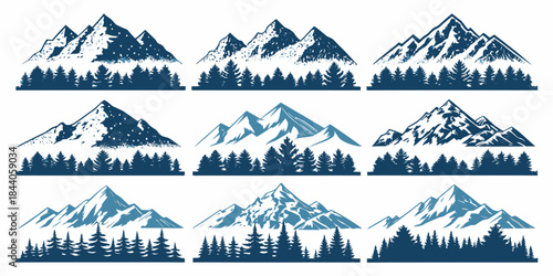 Bundled vector set of snow-covered mountain silhouettes with clean edges, winter details, and a festive seasonal look.