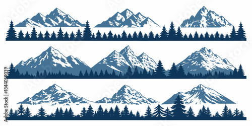 Bundled vector set of snow-covered mountain silhouettes with clean edges, winter details, and a festive seasonal look.