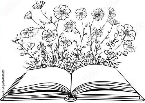 an open book with flowers growing out of it, a simple line art vector drawing in black and white