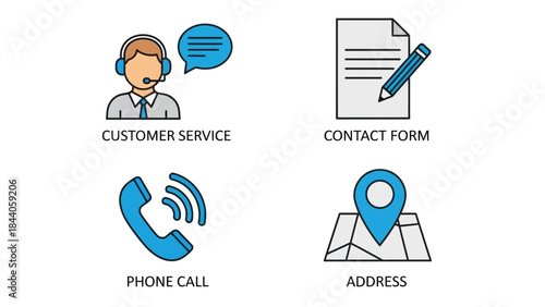 Vector illustration of Business communication icons including customer service, phone call, contact form, and address symbols in modern style