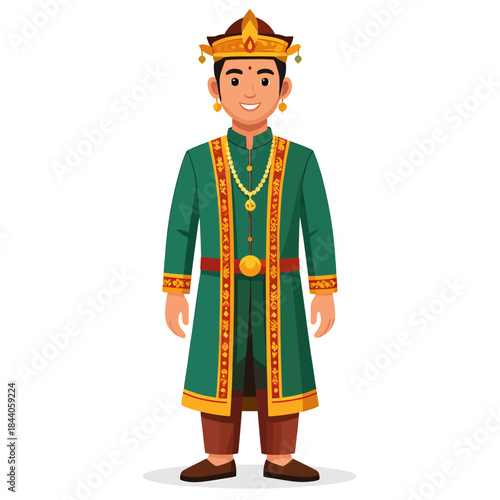 A cartoon illustration of a young Indian prince or king in traditional green and gold royal attire, smiling.