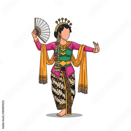 Illustration of a Javanese woman performing a traditional Indonesian fan dance in cultural attire.