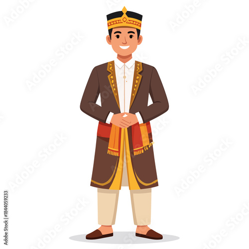 Young man in traditional Southeast Asian attire with a crown and ornate brown coat, standing and smiling on a white background.