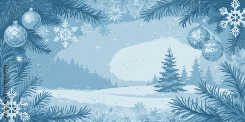 Cool blue winter Christmas vector with frosted patterns, subtle festive accents, and a crisp, wintry holiday feel.