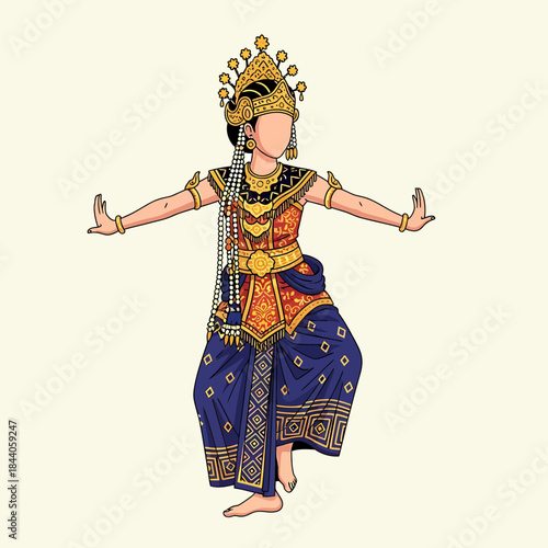 Traditional Indonesian dancer in elaborate costume and golden crown performing a graceful pose.