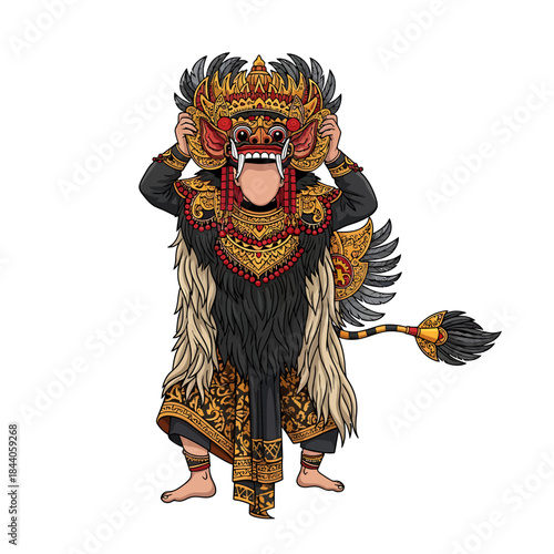 Balinese Barong dancer in a traditional, elaborate, and colorful costume with a fierce mask and intricate patterns.