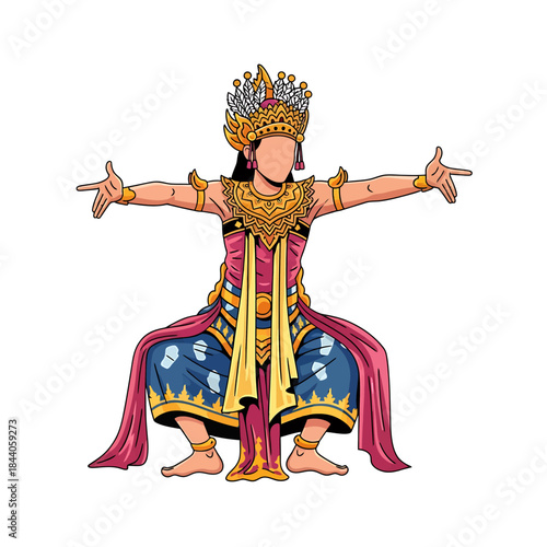Detailed illustration of a traditional Balinese dancer in elaborate costume and crown, performing a cultural dance pose.
