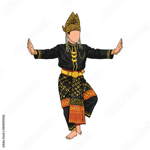 Illustration of a person in traditional Malay or Indonesian attire performing a cultural dance pose with outstretched arms and a raised leg.