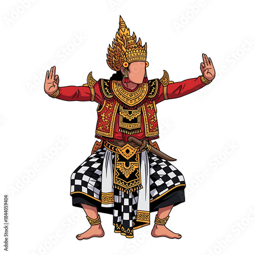A detailed illustration of a traditional Indonesian dancer in elaborate costume and golden crown, performing a cultural dance.