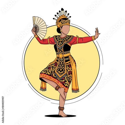 Stylized illustration of a traditional Indonesian dancer in elaborate costume and headpiece, performing a graceful pose with a fan against a yellow circle.