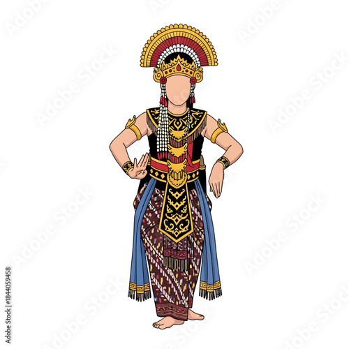 Traditional Javanese dancer in elaborate costume performing a classical dance, featuring a detailed headdress and patterned sarong.