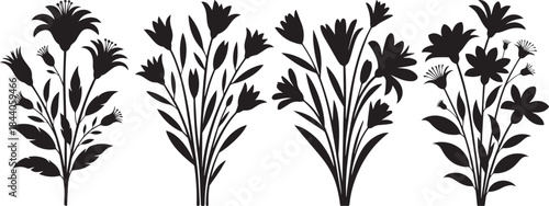 Stylish black floral silhouettes with decorative wild plants isolated on white background