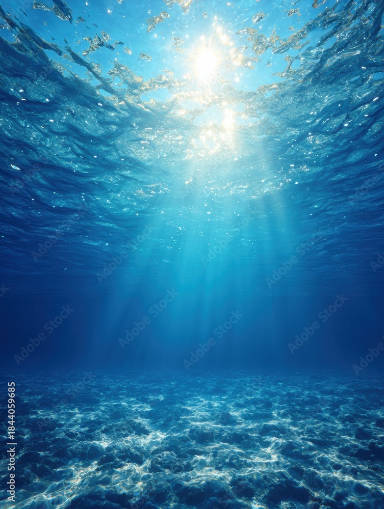Fototapeta premium Underwater Surface Ripple Shows Gradient Water Background With Central Clear Area and Light Effects Seen From Below the Ocean Surface